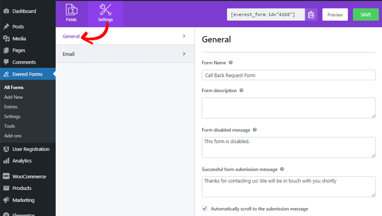 Configuración general de los formularios de solicitud de devolución de llamada