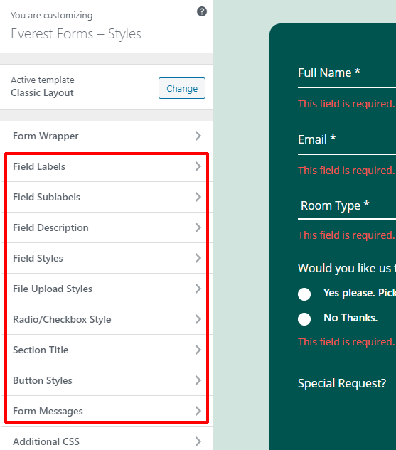 Outras abas Everest Forms Customizer