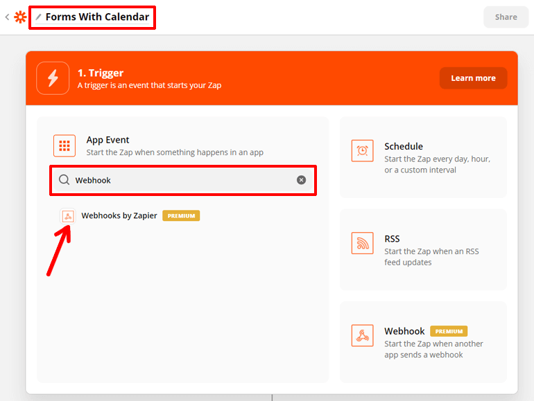 Cerca Webhook di Zapier