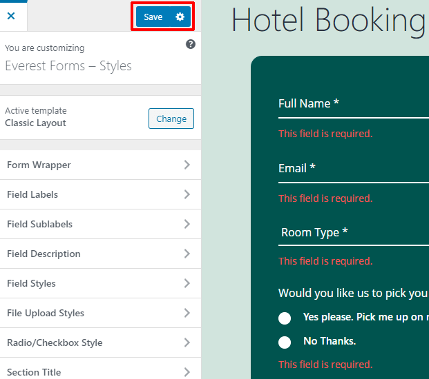 저장 버튼 Everest Forms Customizer