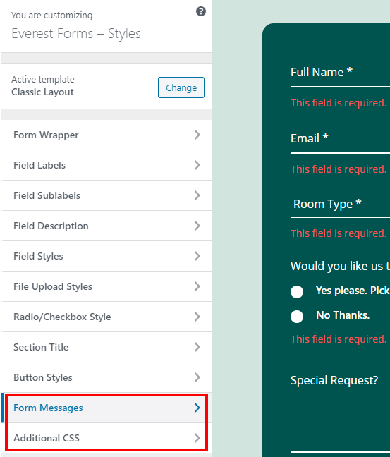 File suplimentare Everest Forms Customizer