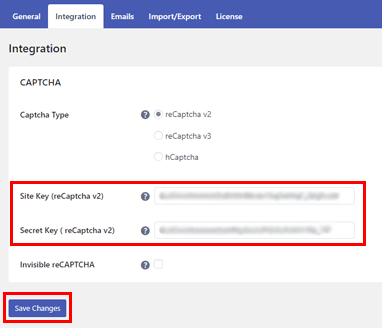 Fügen Sie die reCAPTCHA v2-Schlüssel ein