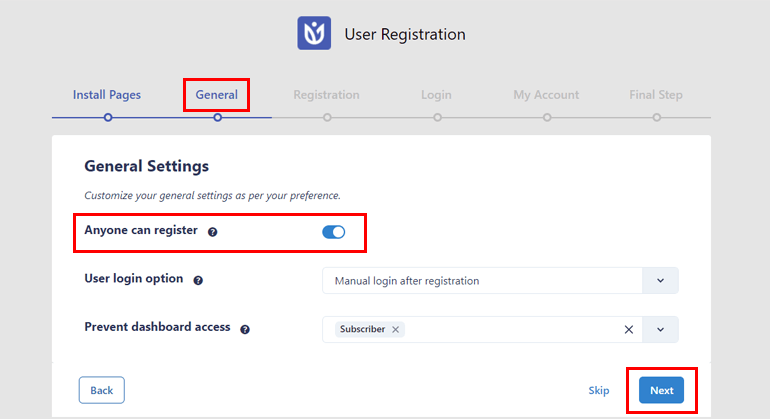 Membresía en la configuración de registro de usuario