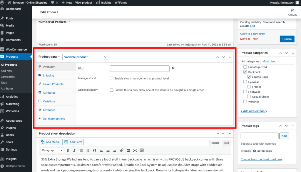 Selezione del prodotto variabile dalla meta box dei dati del prodotto