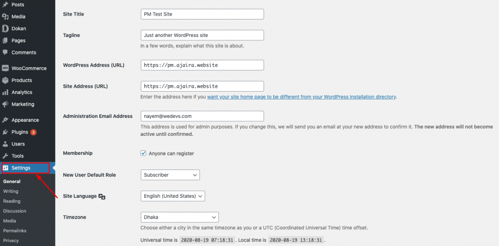 configuración del administrador de proyectos