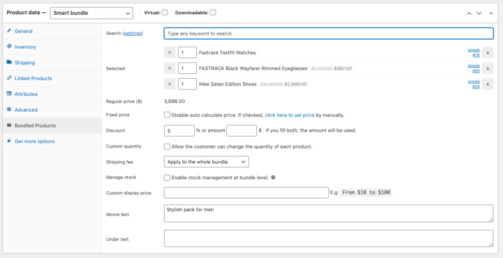 Página de configurações do pacote inteligente