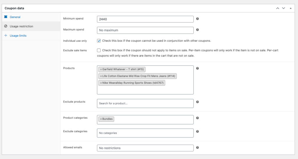 Configuración de restricciones de uso para cupones.