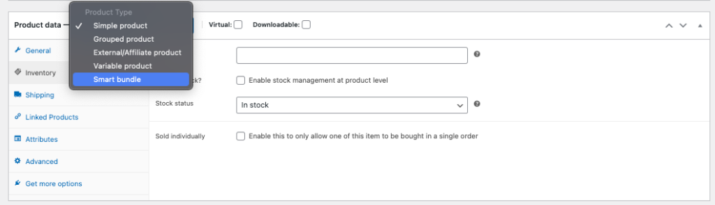 Opțiune de pachet inteligent sub caseta drop-down cu datele despre produs