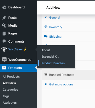 Opsi Bundel Produk dari dasbor WordPress.