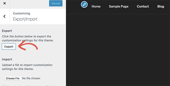 Export customizer settings