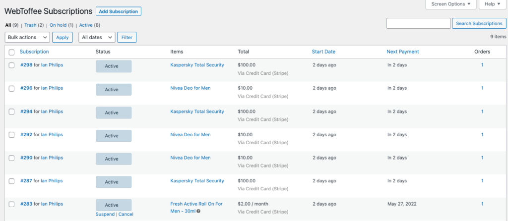 Página de configuración de suscripciones de WebToffee