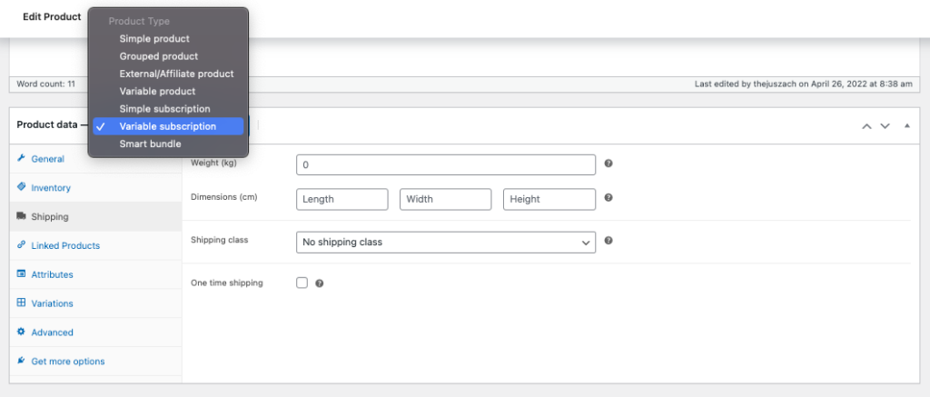 Abbonamento variabile dalla meta box Dati prodotto