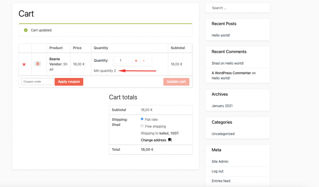 prossiga para o botão de checkout desaparecer quantidades mínimas e máximas para WooCommerce