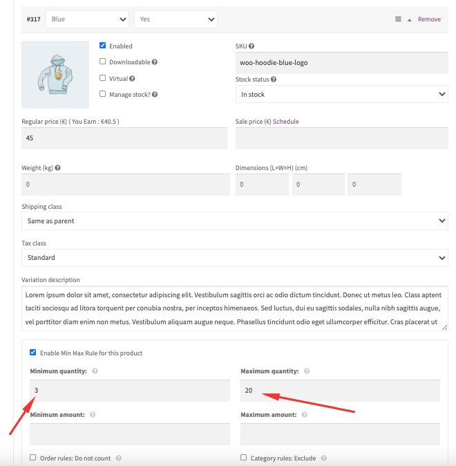 te same wartości minimalne i maksymalne ilości dla WooCommerce