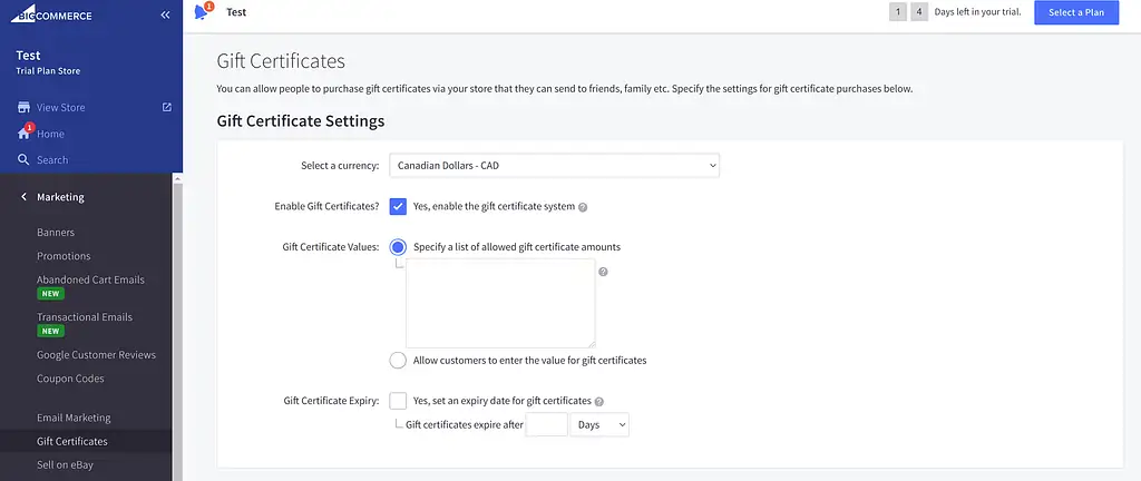 Shopify vs BigCommerce: การกำหนดค่าใบรับรองของขวัญ BigCommerce