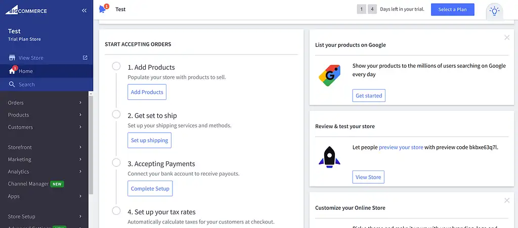 Shopify vs BigCommerce: dashboard BigCommerce per i nuovi utenti