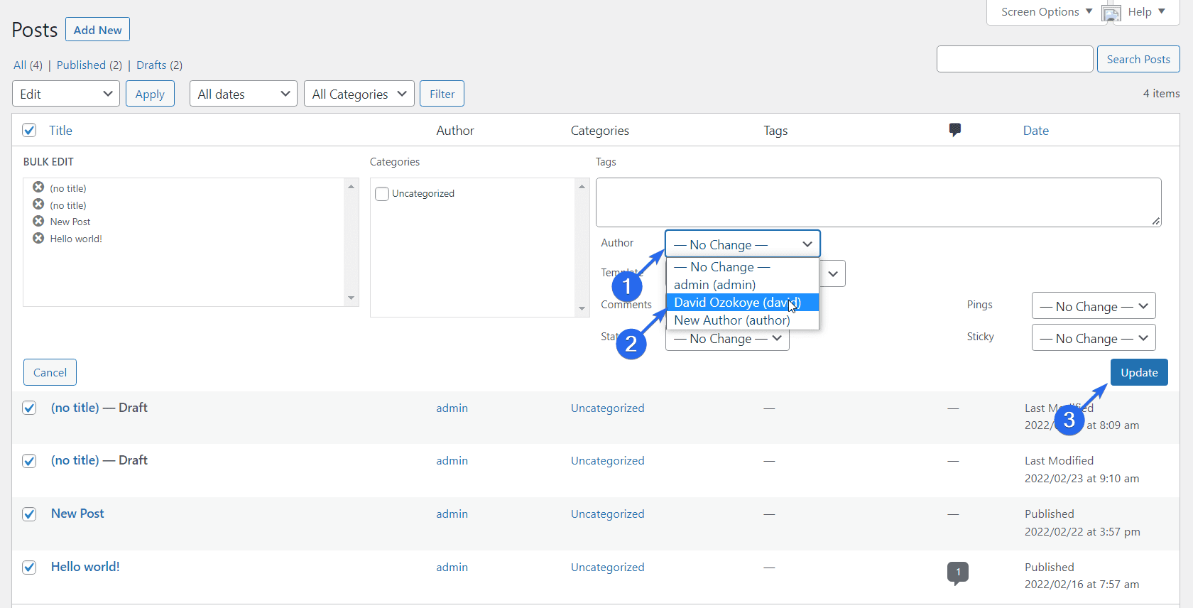 การเปลี่ยนผู้แต่งสำหรับหลายบทความใน WordPress