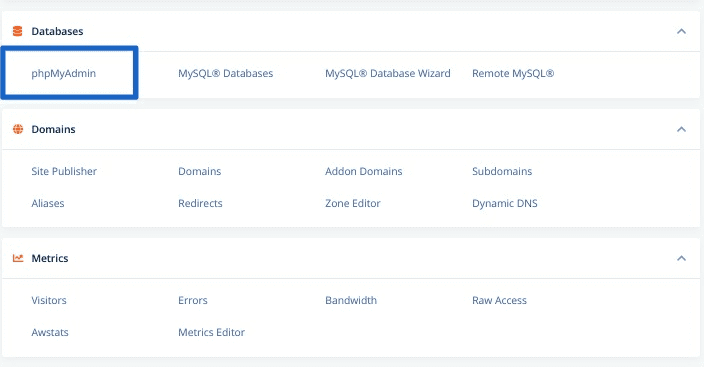 phpMyAdmin în cPanel