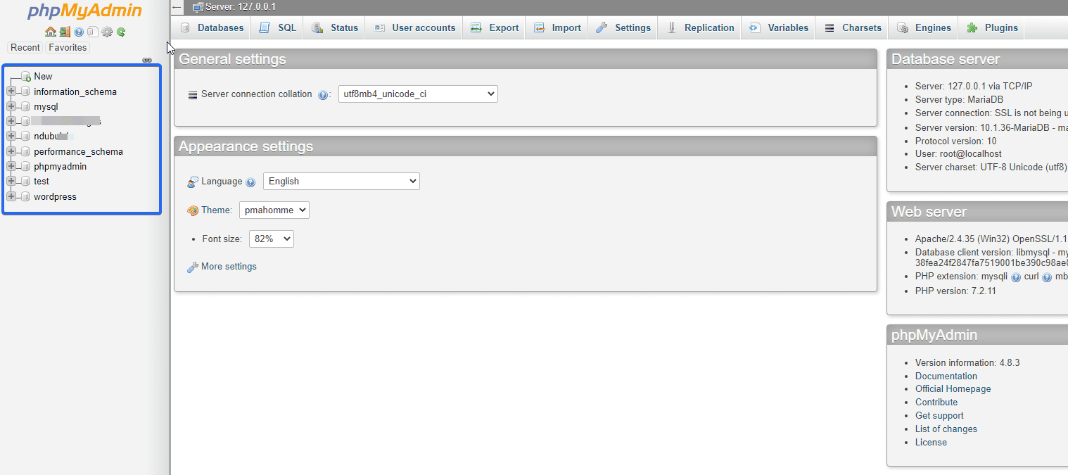 Sélectionnez la base de données du site dans le tableau de bord phpMyAdmin