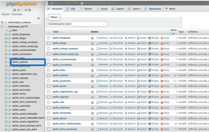 Sélectionnez le tableau se terminant par "options"