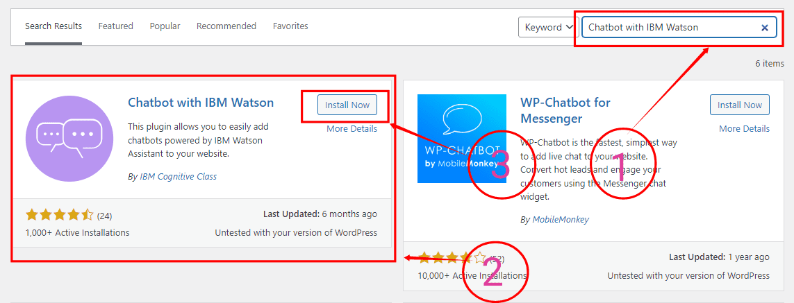 Wyszukaj wtyczkę chatbota IBM watson dla WordPress