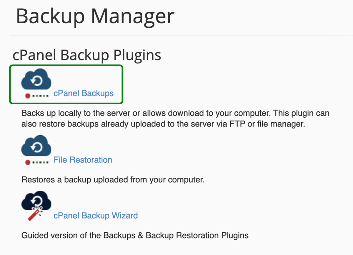 opțiunile managerului de backup în cpanel