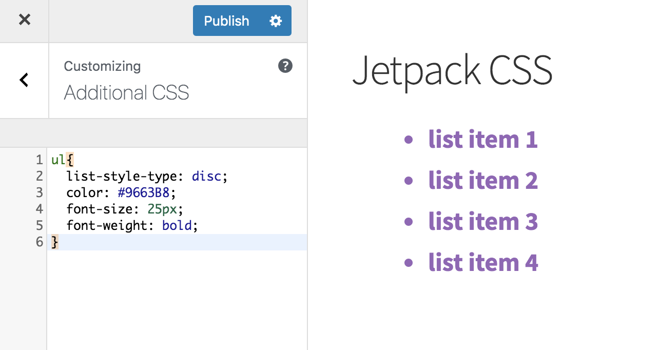 รายการสัญลักษณ์แสดงหัวข้อย่อยการปรับแต่ง Jetpack CSS