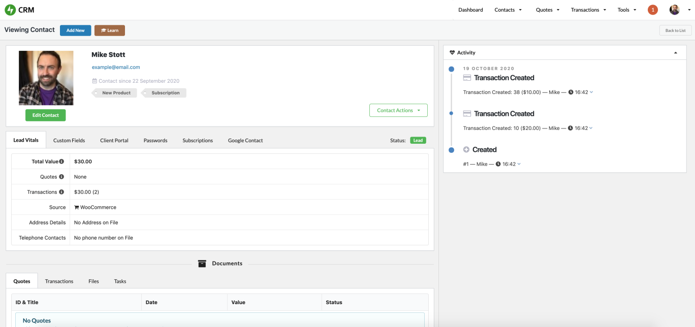 contact avec les informations de transaction