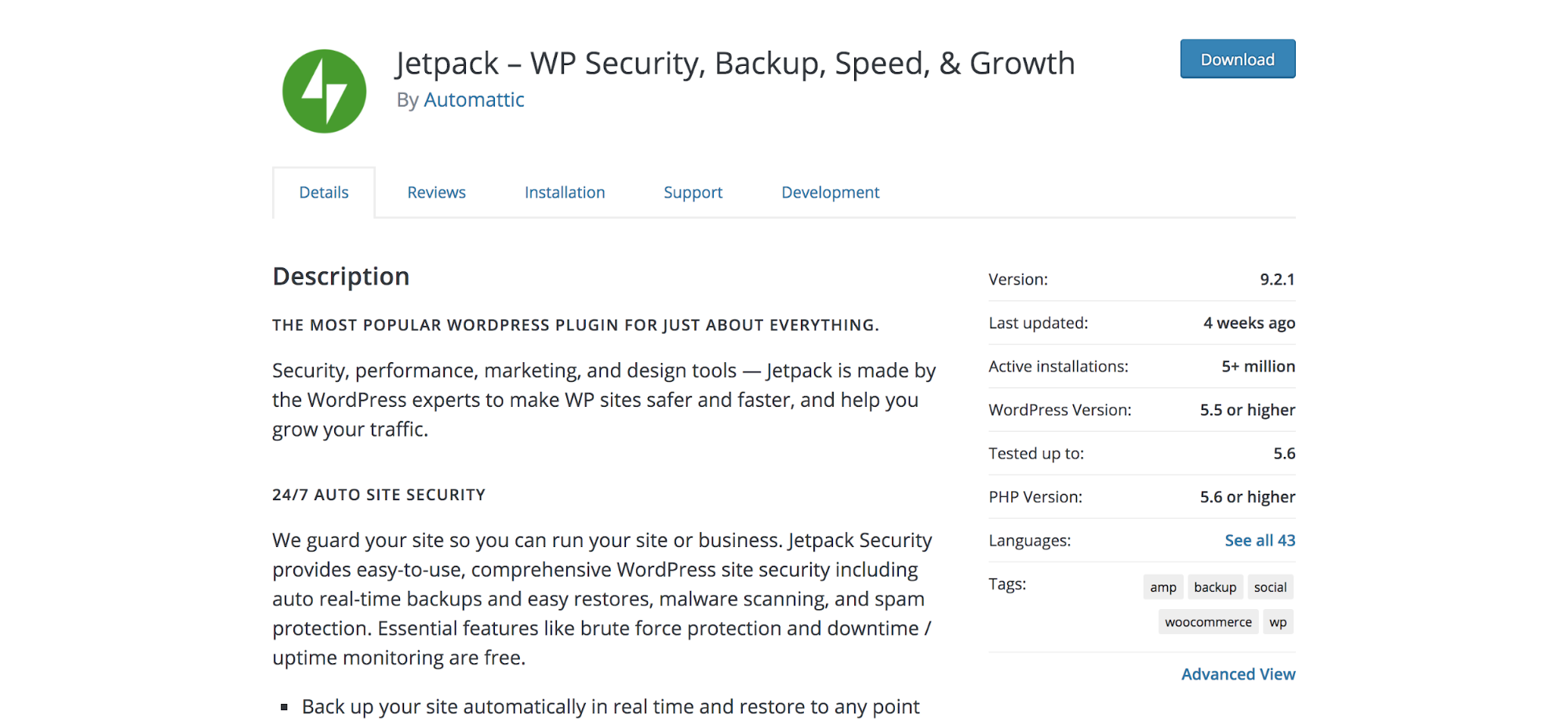 Pagina del plug-in Jetpack nel repository di WordPress