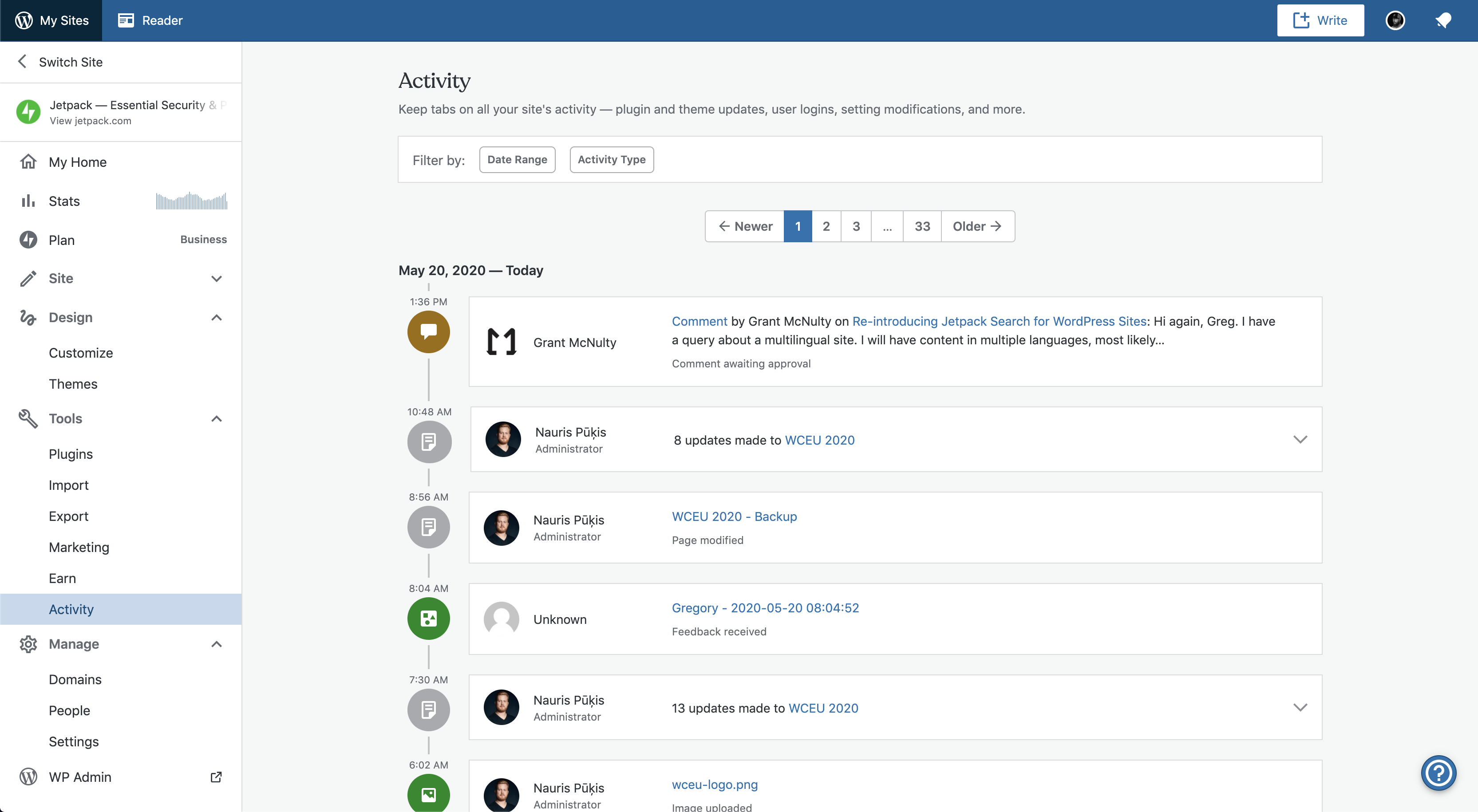 log aktivitas yang menunjukkan semua yang terjadi di situs WordPress