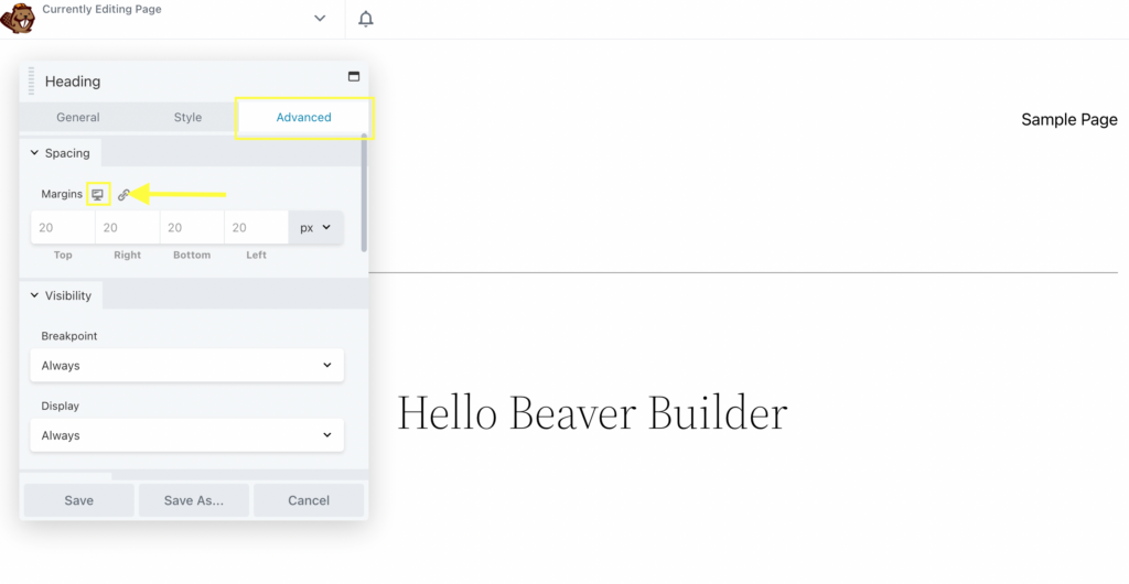 Ikon responsif seluler Beaver Builder di tab lanjutan