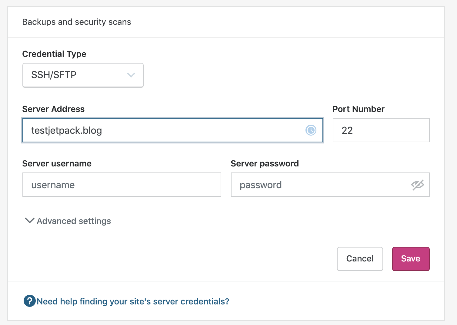 Hinzufügen von SSH/SFTP-Anmeldeinformationen zu Jetpack