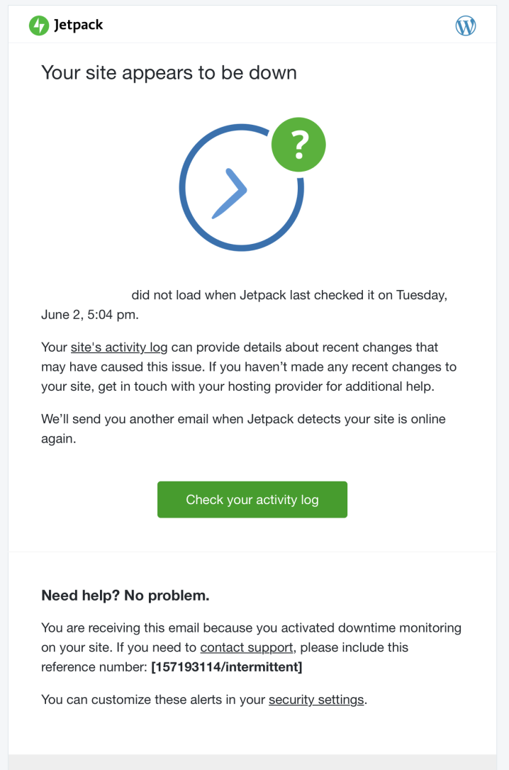 notifica da Jetpack che un sito Web è inattivo