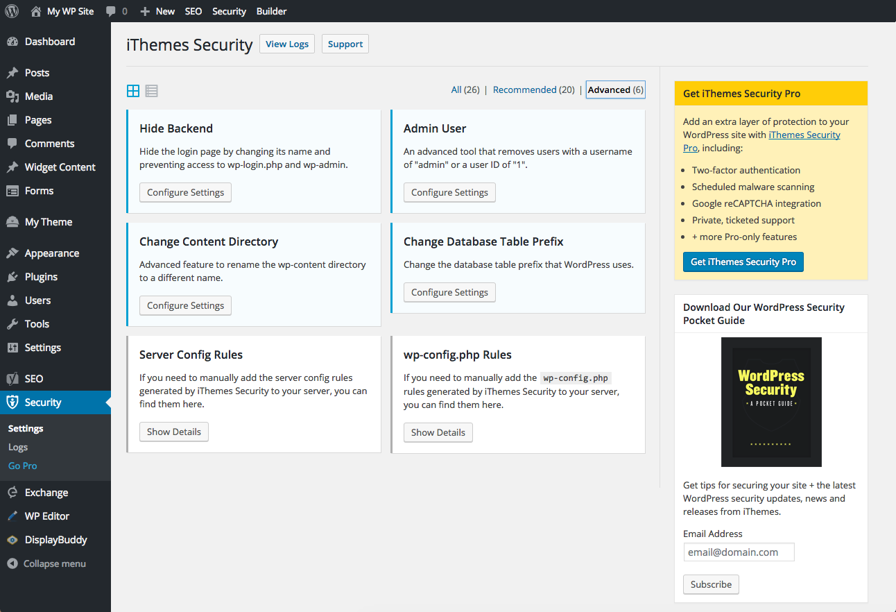 Painel de configurações de segurança do iThemes