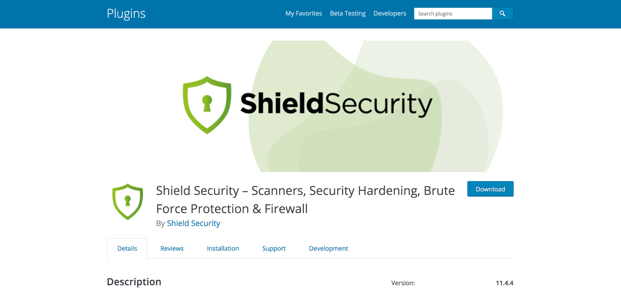 Pagina de plugin ShieldSecurity din depozitul WordPress