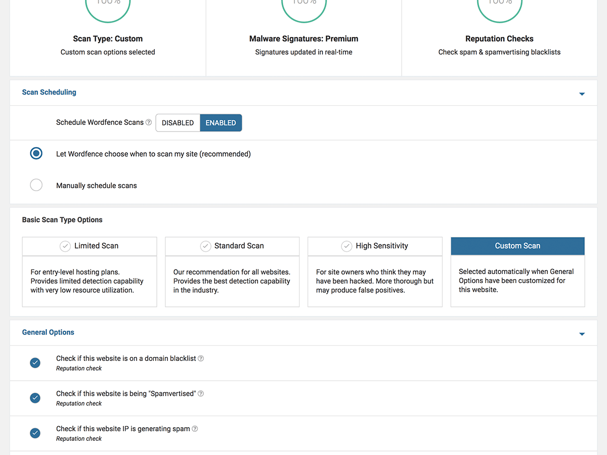 Панель настроек сканирования Wordfence