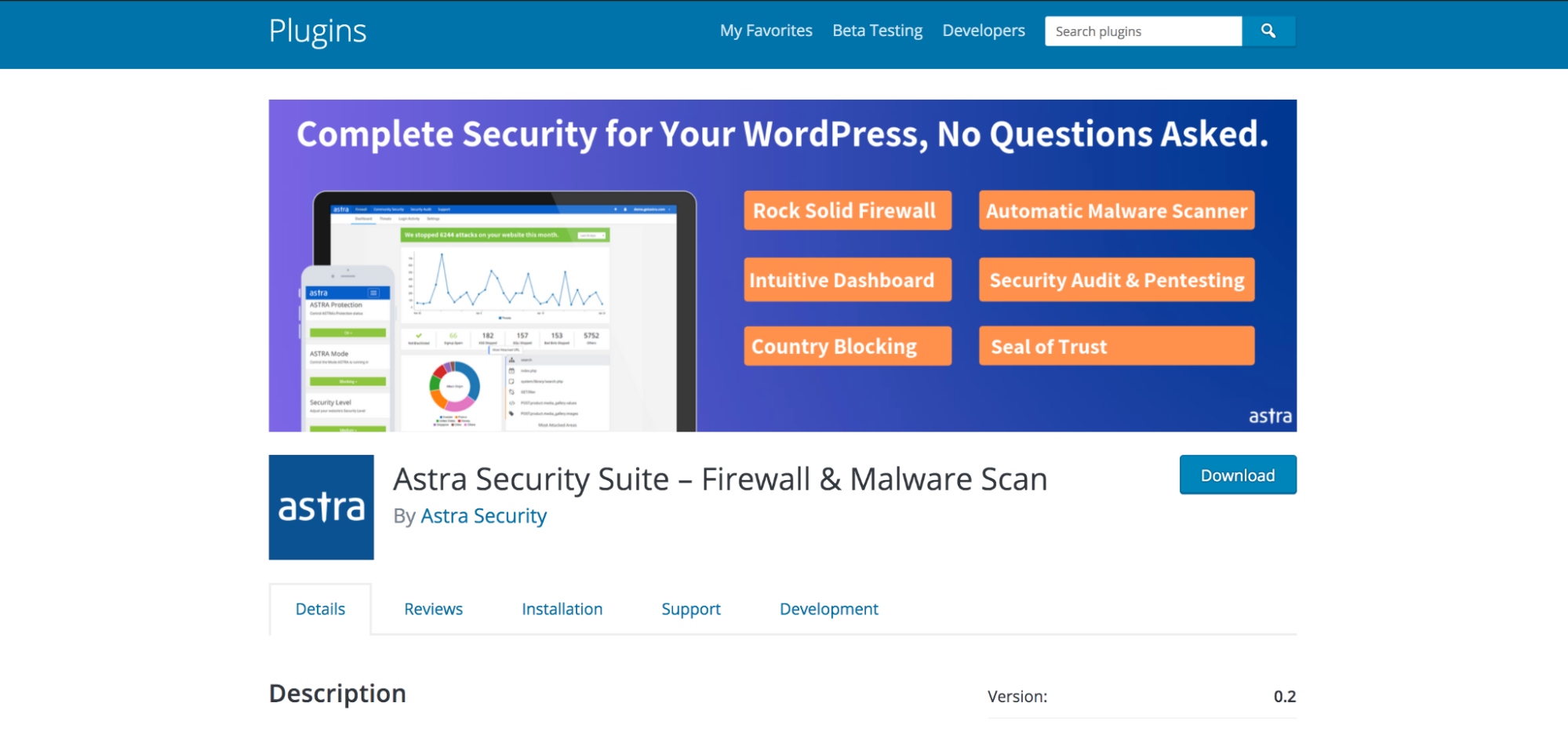 Страница Astra Security в репозитории WordPress