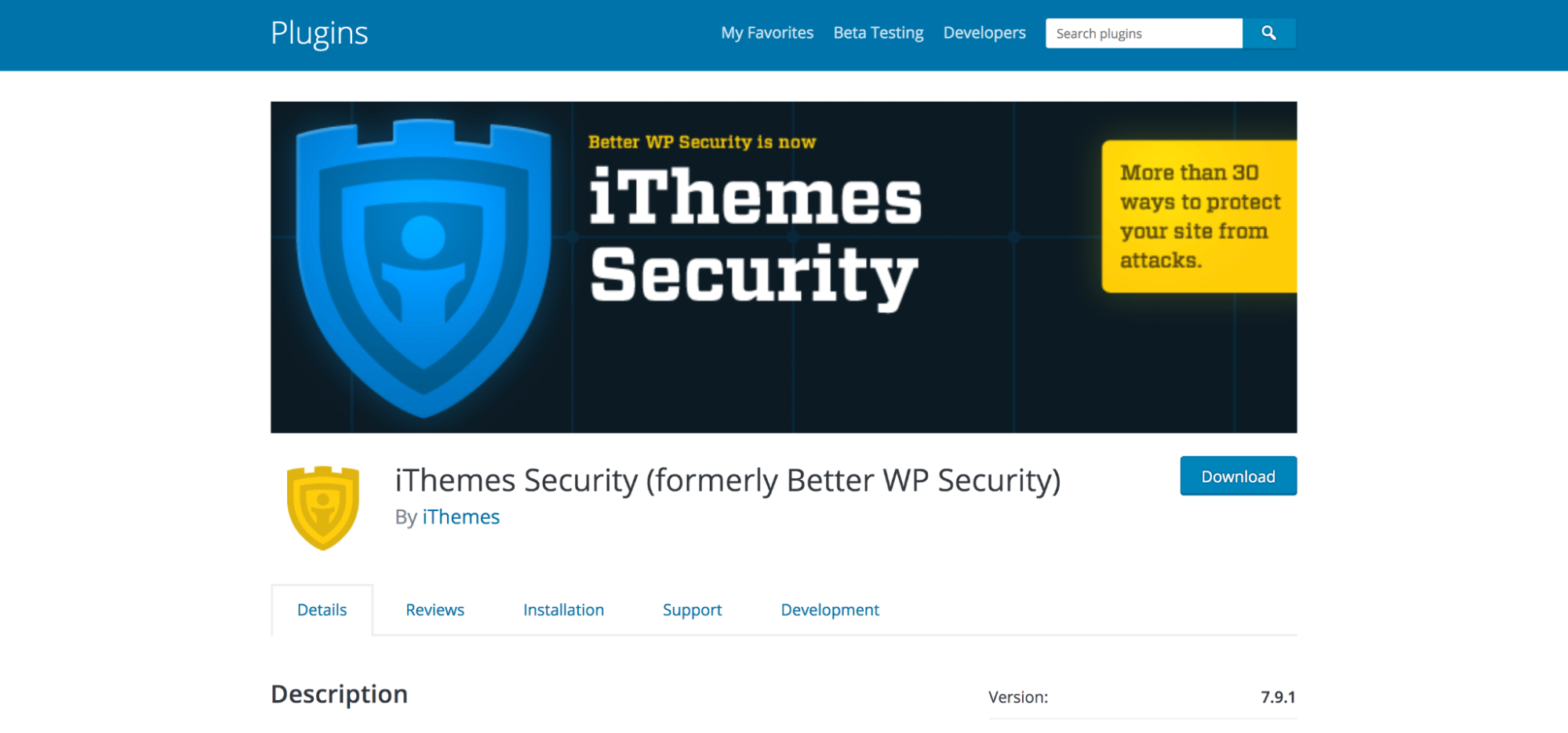 صفحة المكون الإضافي لـ iThemes Security في مستودع WordPress