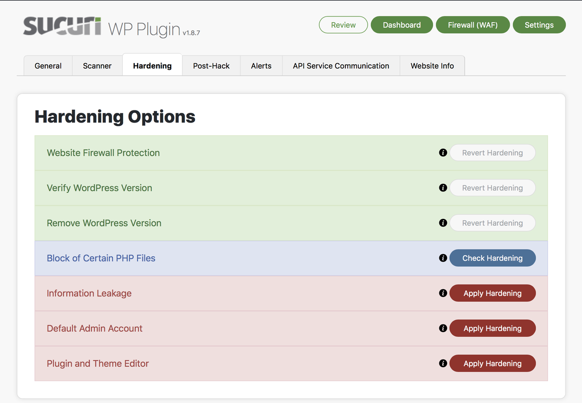 WordPress 儀表板中的 Sucuri 強化選項