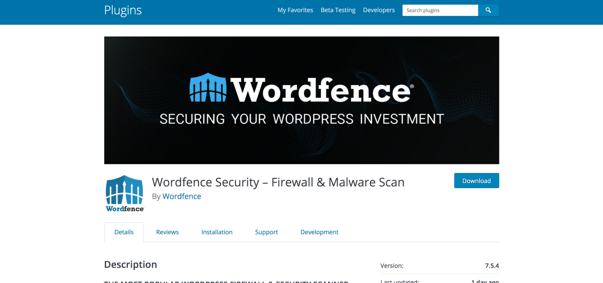 Plugin Wordfence listado no repositório WordPress