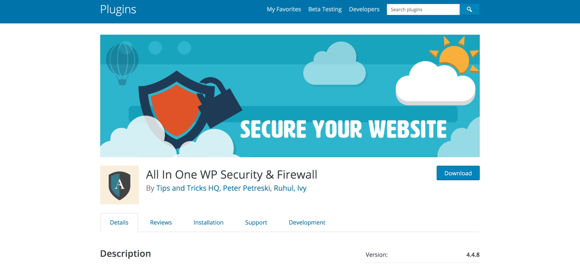 All in One WP Security & Firewall listat în depozitul WordPress