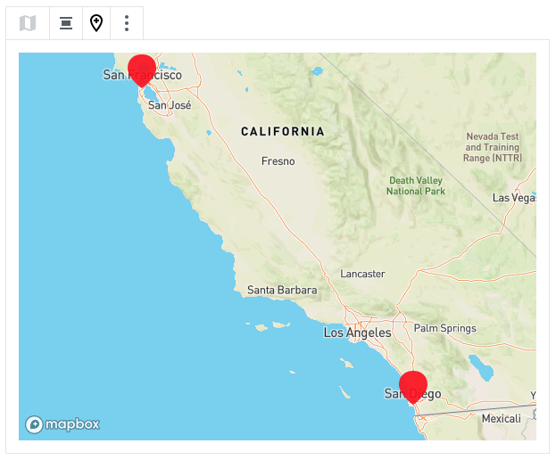 mapa mostrando a Califórnia com vários pinos de localização