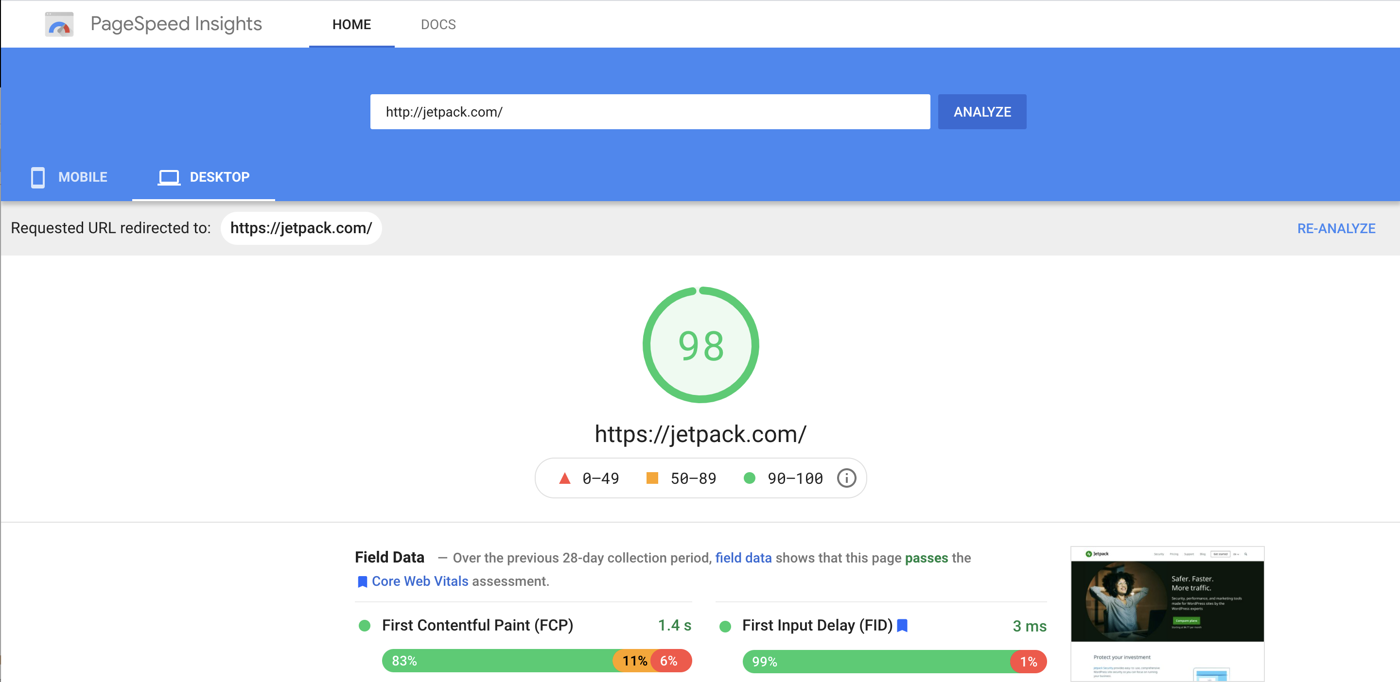 รายงาน Google PageSpeed ​​สำหรับ Jetpack.com