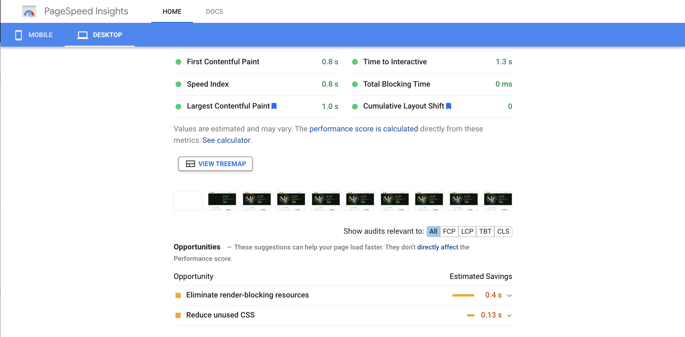 Section Opportunités sur Google PageSpeed ​​Insights pour Jetpack.com