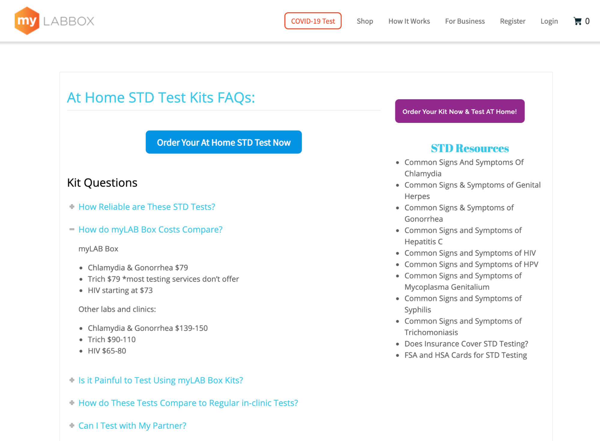 Page FAQ myLABBOX avec des réponses aux questions courantes