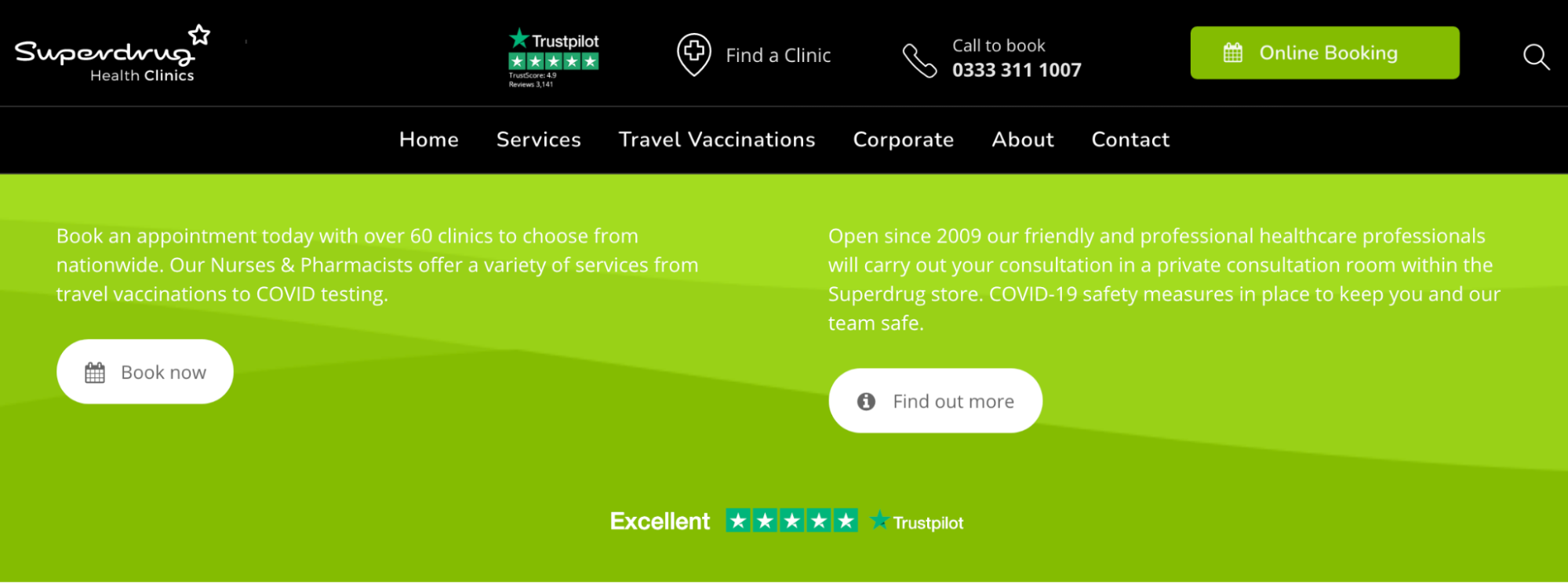 Menu Superdrug Health Clinics com links para locais, consultas e informações de contato