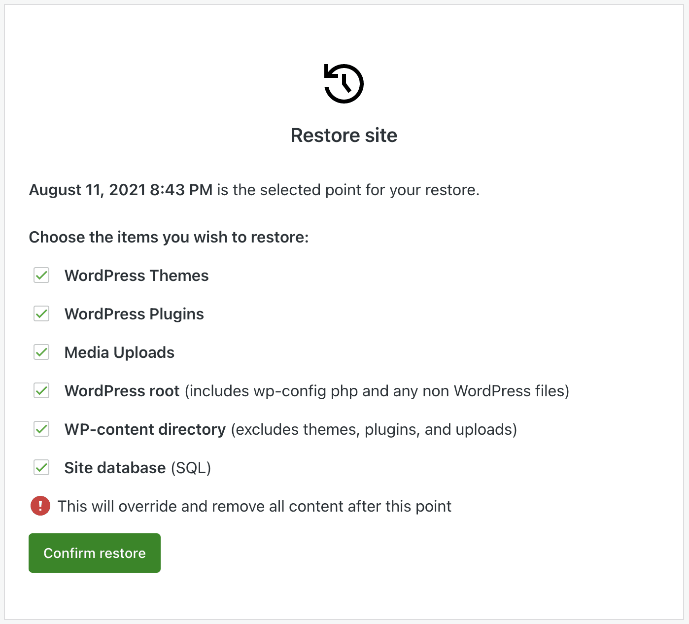 opções para restaurar seu site com o Jetpack Backup