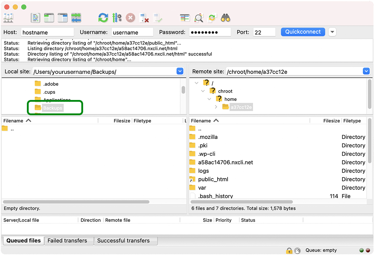 Pasta de backups selecionada em uma área de trabalho