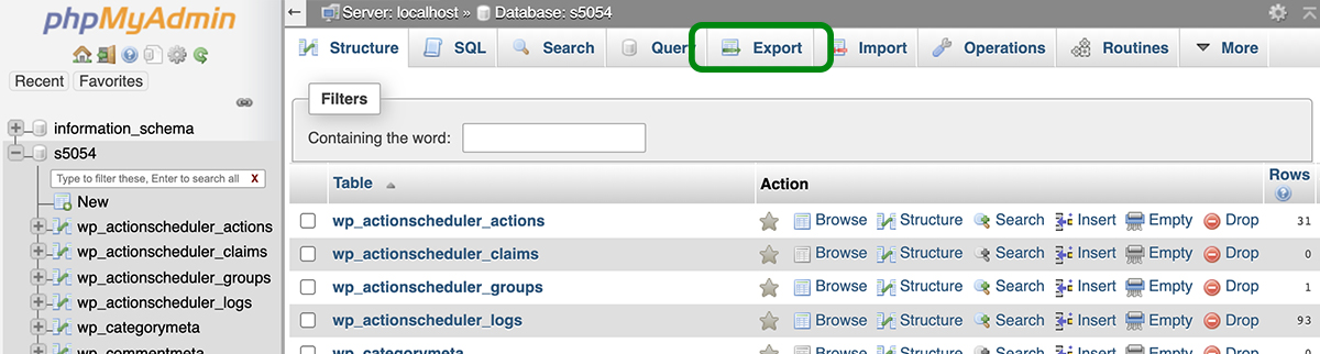 Onglet Export mis en évidence dans phpMyAdmin