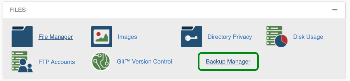 เมนู cpanel ที่ไฮไลต์ตัวจัดการการสำรองข้อมูลไว้